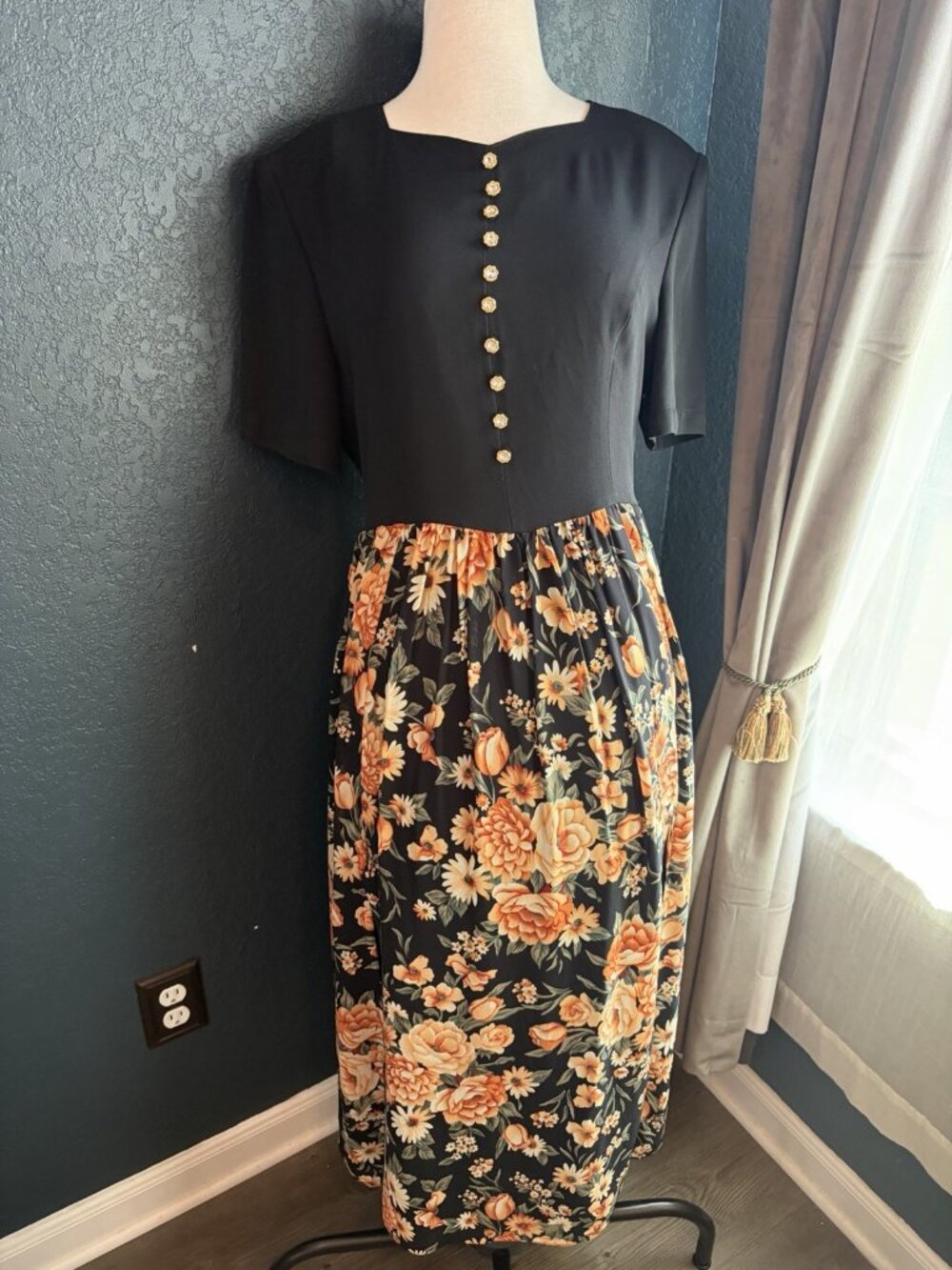Vintage 90s Floral Dress Carobe Sz M Faux Diamond Buttons